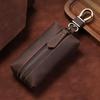 Vintage Crazy Horse Leather Key Case with Zipper and Hanging Buckle, Genuine Retro Cowhide.