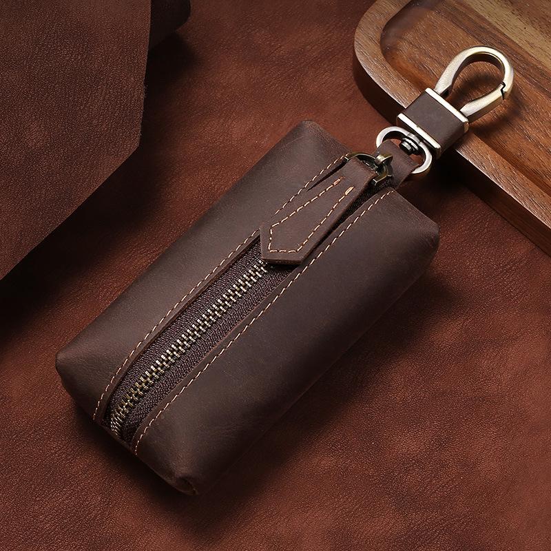 Vintage Crazy Horse Leather Key Case with Zipper and Hanging Buckle, Genuine Retro Cowhide.