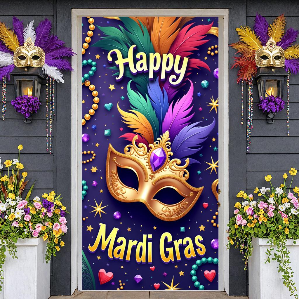 Party Display Beaded Decor Mask Background Festival Banner Colorful Feathers Mardi Gras Banner For Indoor Party Carnival Party