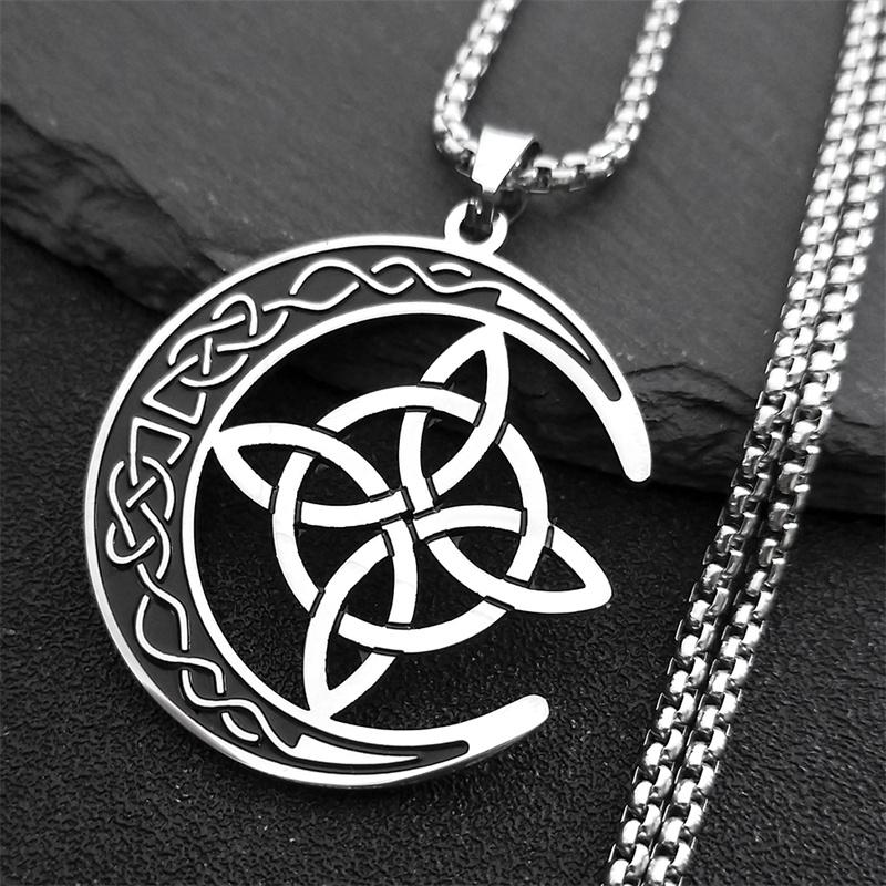 Crescent Celtic Irish Knot Necklaces Stainless Steel Witch Moon Amulet Protection Chain Necklace Zircon Collier Luna N8145S1