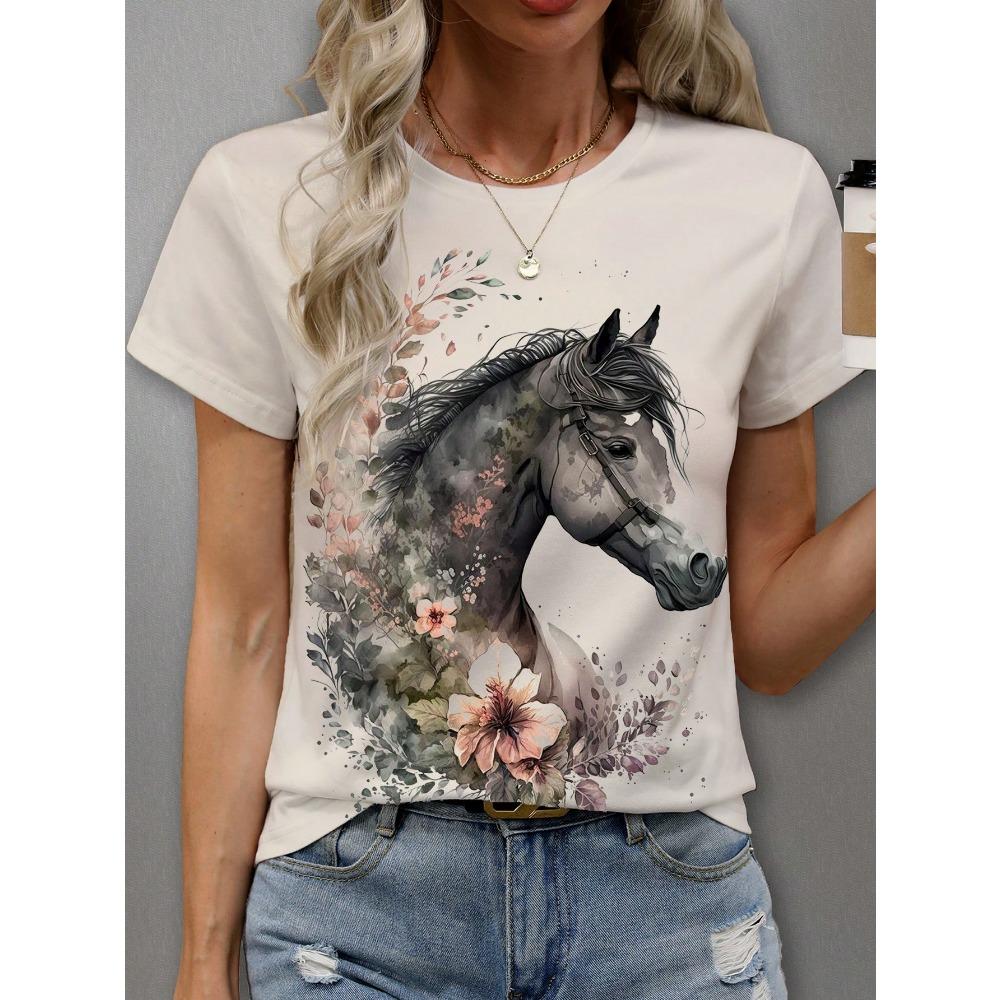 Women's Short Sleeve Round Neck T-Shirt, Summer Graphic Tees Women Tops