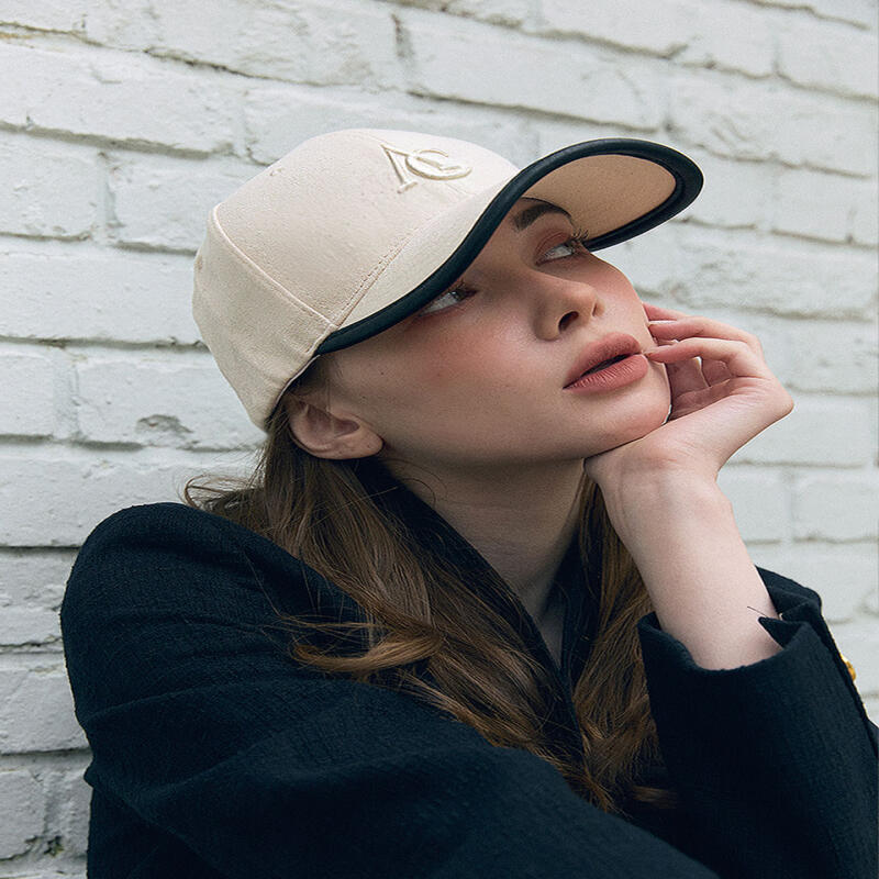 Women s Black Leather Canvas Logo Embroidered Ball Cap C020 Beige black leather trim