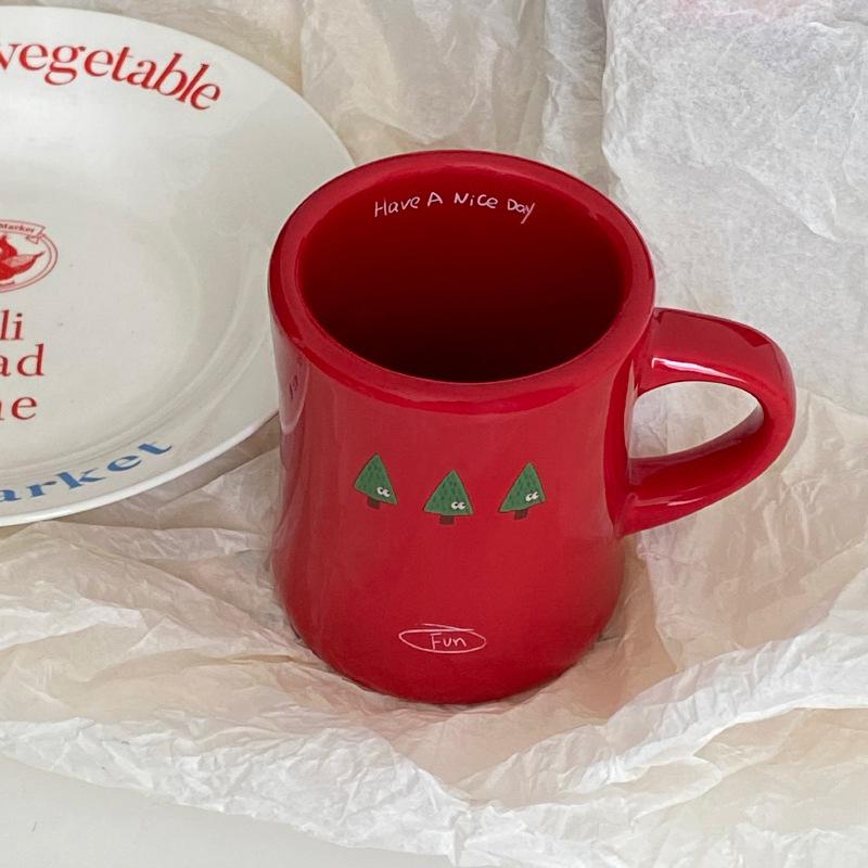 Positive Red New Year'S Tree Graffiti Waist Niche Cartoon Ceramic Water Cup Coffee Cup Souvenir