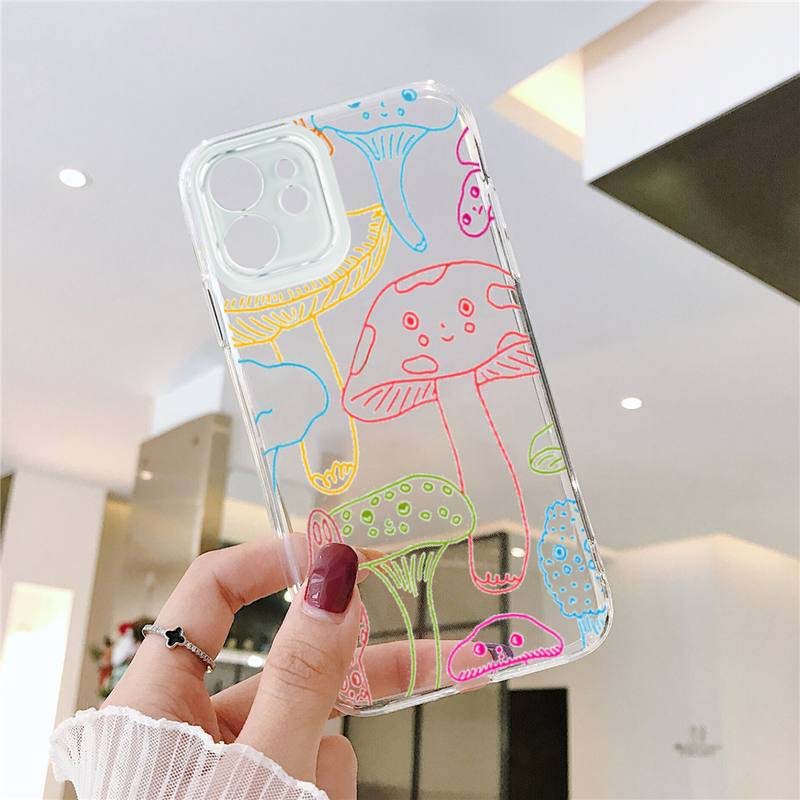 Clear Phone Case For iPhone 15 14 13 12 Pro MAX 11 XS XR 8 Plus Creative Minimalist Graffiti Line Mushroom Soft TPU Cover Coque