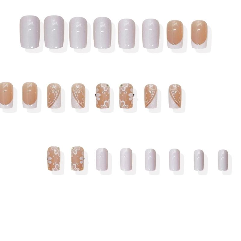 Square Press On Nail Flower Fake Nail Glues On Nail Artificial Acrylic Nail 24pcs Stick On Nail for Womens and Girls