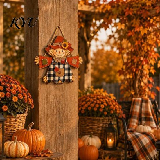 Decorative Holiday Wood Plaque Fall Wooden Hanging Sign, Autumn Scarecrow & Pumpkin Maple Leaf Door Festival Sign Hanger, Harvest Thanksgiving