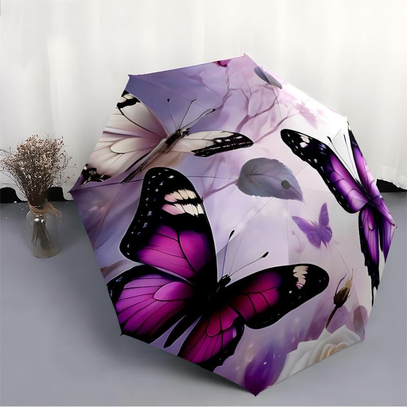 1pc Butterfly Floral Automatic Open/Close Umbrella with Folding Feature Compact Travel Umbrella, Lightweight Design, for Commuting060