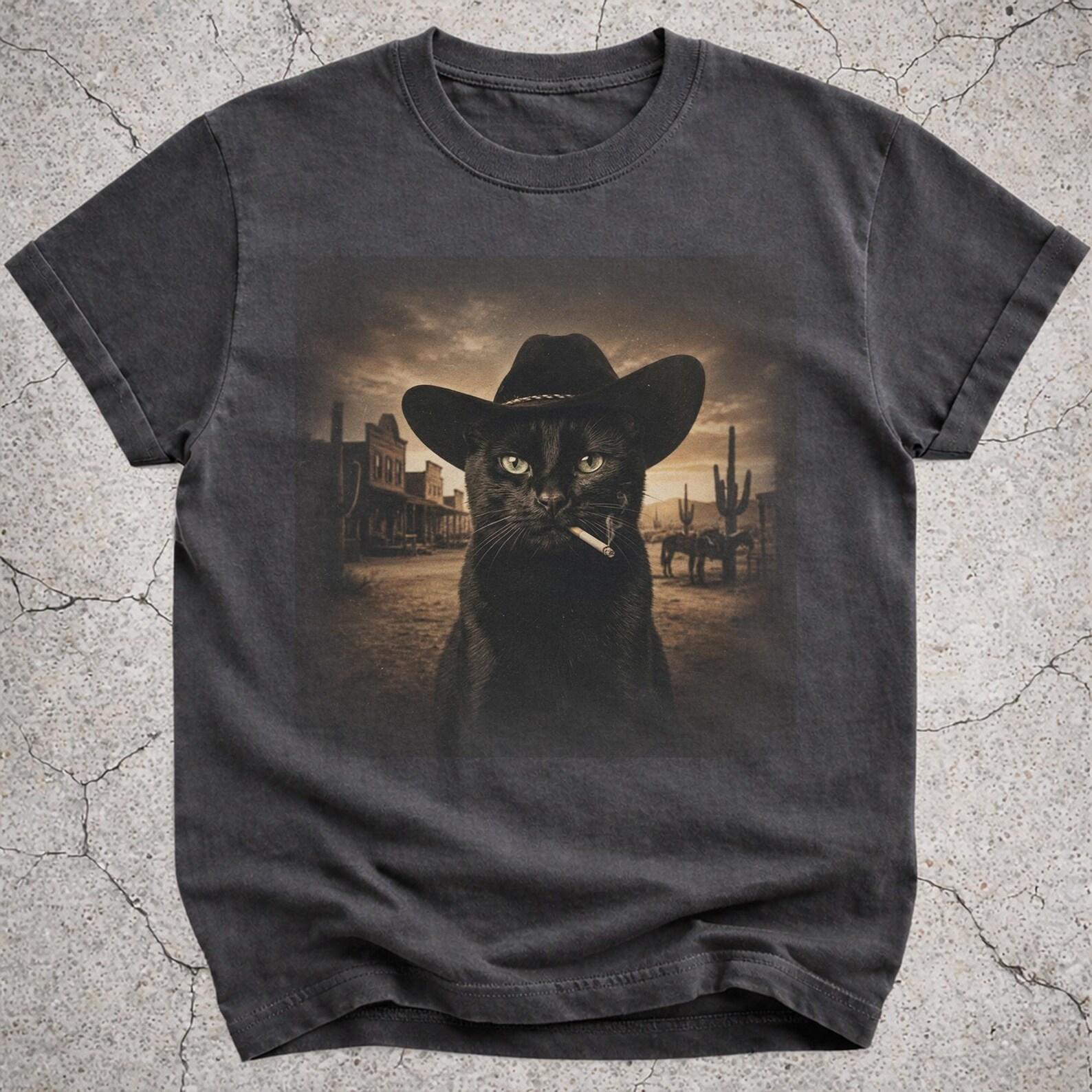 Black Cat Cowboy Shirt, Western Cat Meme Tee, Funny Cowboy Cat Gift, Cat Lover Shirt, Western Cat Tee S