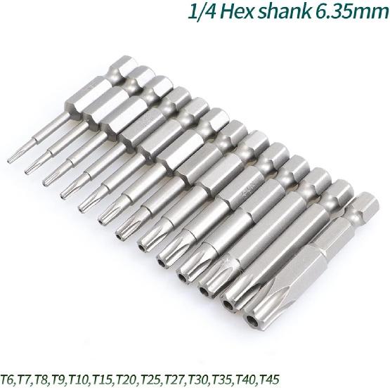 50mm 10Pcs OR 13Pcs Set Security Tamper Proof Magnetic Screwdriver Drill Bit Screw Driver Bits Hex Torx Flat Head 1/4" Hand Tool Screwdriver(T30