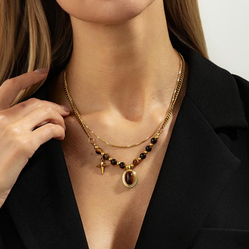 Maillard Style Tiger Eye Stone Pendant Y-shaped Thin Chain Sweater Necklace Women's Fashion Adjustable Rope Chain Daily Jewelry