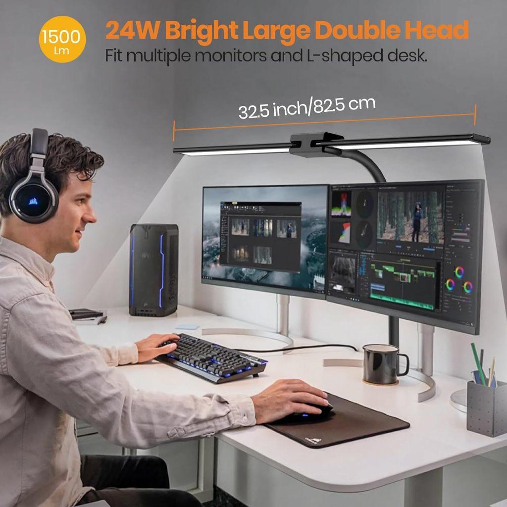 80CM 24W Study Gaming Work Table Light Super Wide Clip Desk Lamp Dimmable Double Head Study LED Lamp