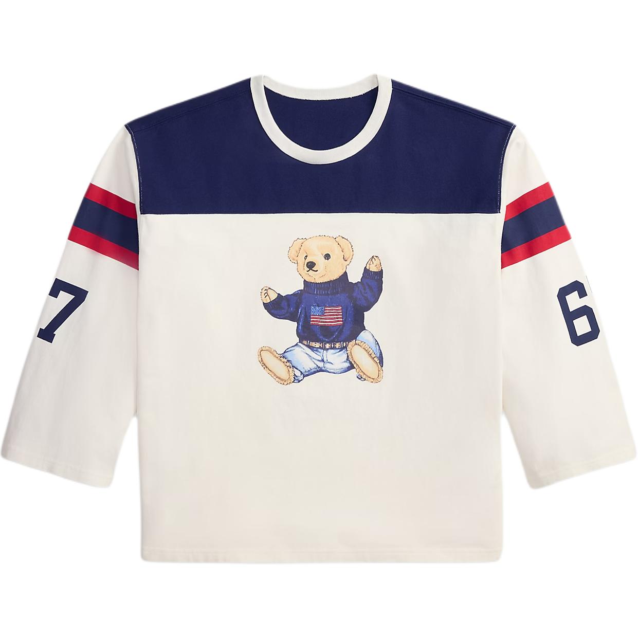 Polo Ralph Lauren Серия Polo Bear Хлопковый Вязаный Цветной Блок Длинный Рукав Пониженное Плечо Футболка Женские Топы 211A12714-001 S