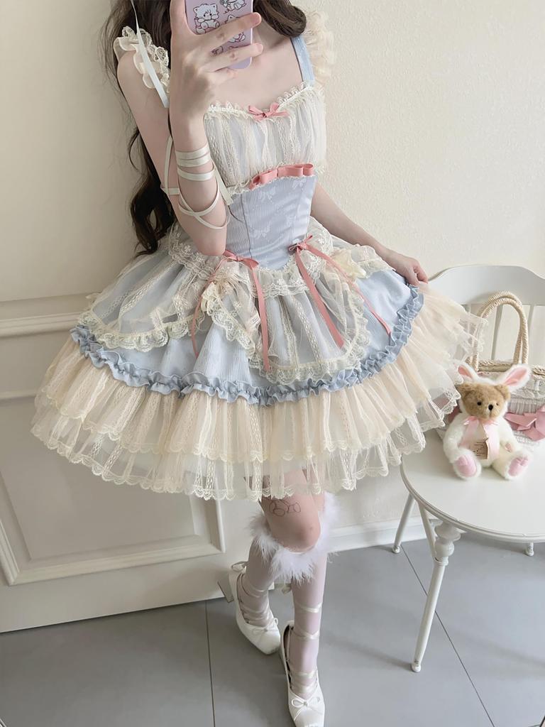 XHSUKADO Lolita JSK Jumper Skirt with Camisole and Dreamy Cute Gothic Lolita Outfit with Ruffles and Mori Girl Princess Lolita Idol Light Size M