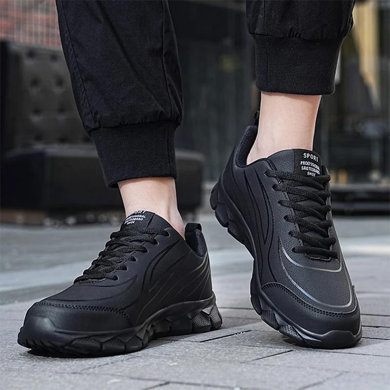 Men Sneakers PU Leather Soft Sports Running Shoes Casual Shoes for Men Solid Black Walking Footwear Fitness Jogging Men Shoes