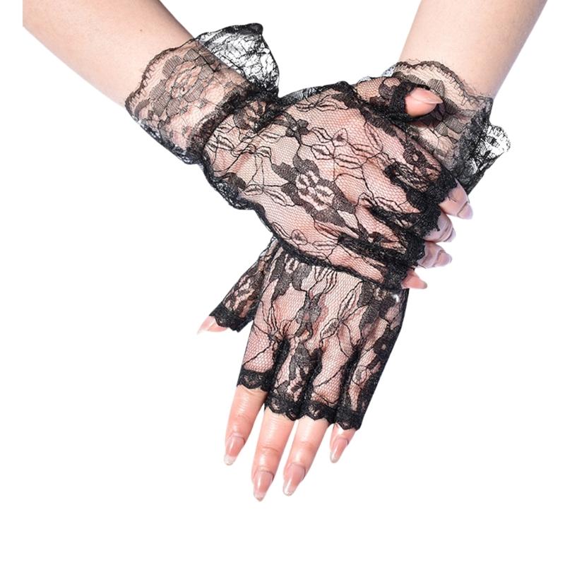 Breathable Half Finger Bridal Gloves with Lace Flower Pattern Wedding Ceremony Formal Occasion Handwear for Bride