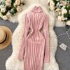 Autumn and Winter New Retro Twist Knitted Warm High-neck Elastic Slim Hip Dress Women