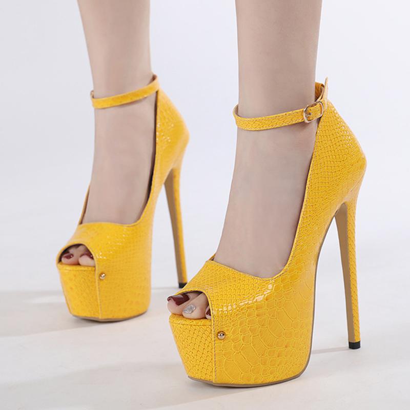 Módní 16CM Stiletto Dámské Lodičky Žlutá Hadí Kůže Kožené Sandály s Řemínkem kolem Kotníku Platforma Vysoké Podpatky Banketová Párty Obuv