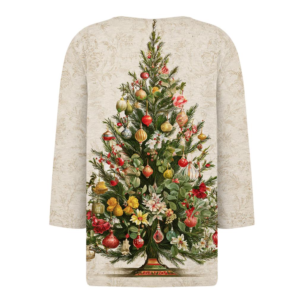 Women's Fashion Casual Christmas Print V-Neck Short Sleeve Decorative Button Three-quarter Sleeve T-shirt Top