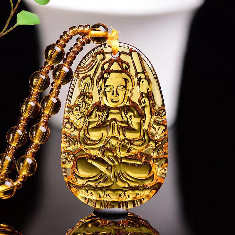 Yellow Crystal Necklace Long Sweater Chain Manjushri Pendant Amitabha Pendant Unisex Gift