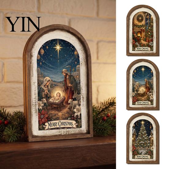 Christmas Garden Decorations Campfire Dinner Wooden Wall Art, Festive Holiday Framed Decor for Ornaments Living Room, Rustic Hanging Ornament