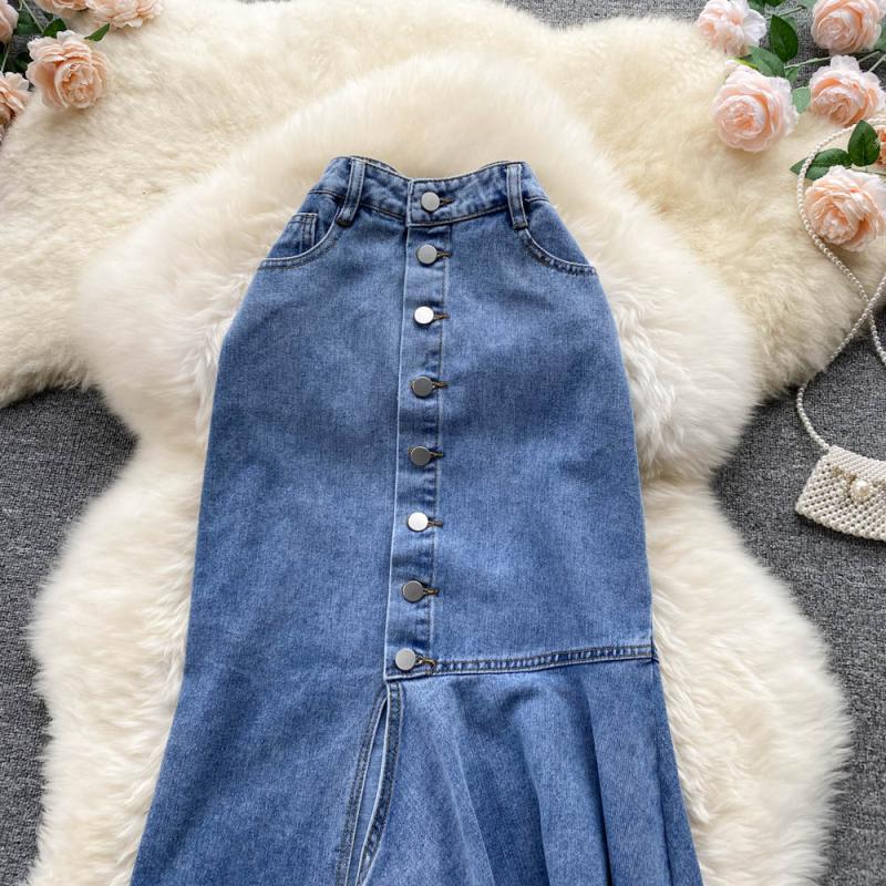 Fishtail Skirt, Half Skirt Female Denim Skirt Type A Fashion Medium And Long Split A-Shaped One-Step Wrap Skirt