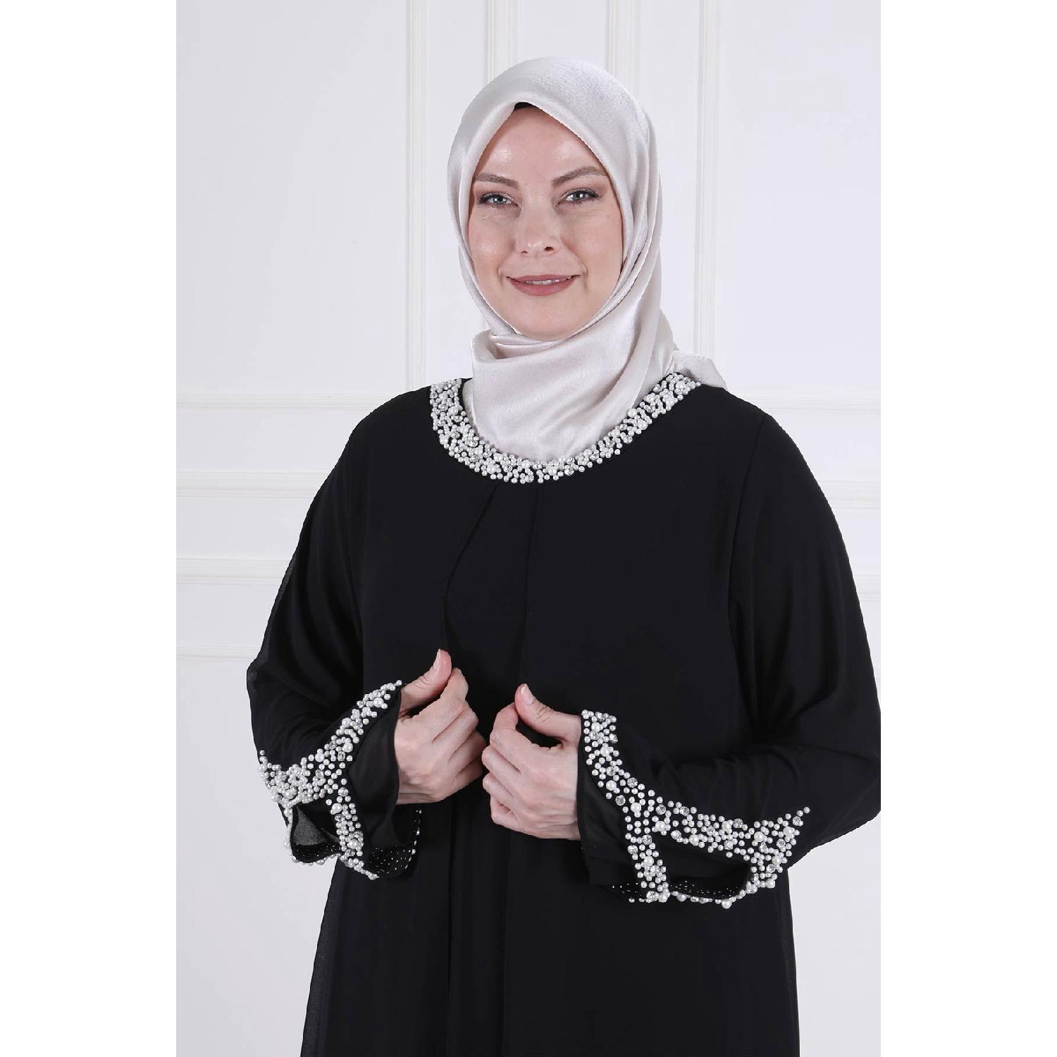 

Вечернее платье песчаного цвета в хиджабе большого размера с жемчугом 50023 Черный