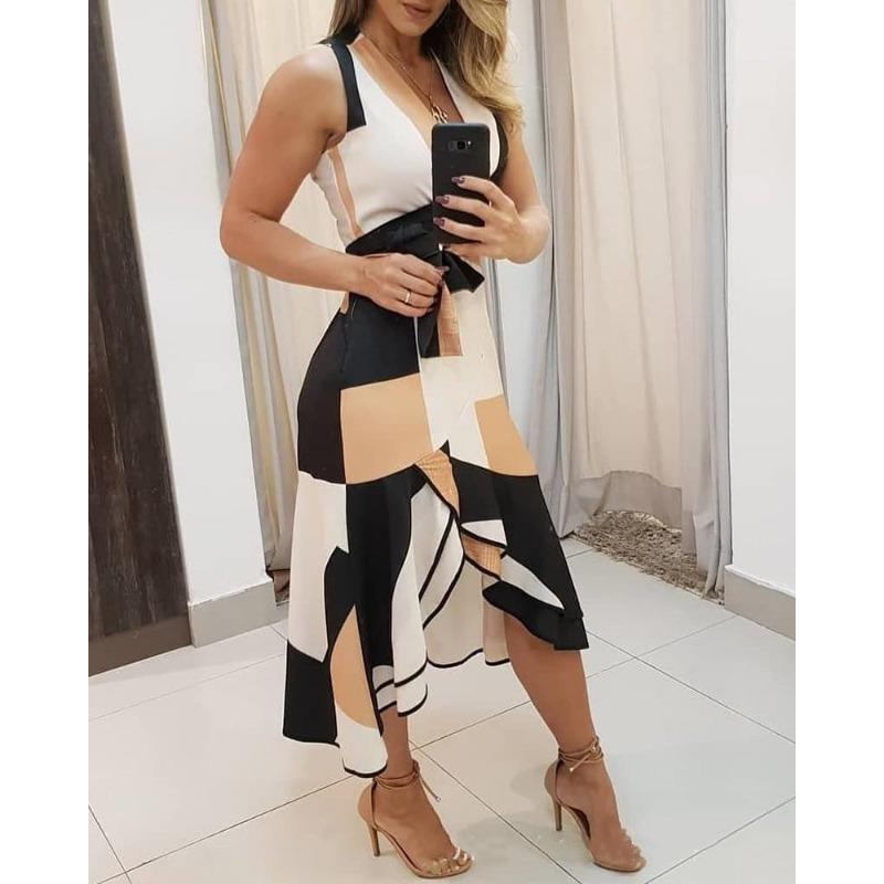 Summer collar sleeveless contrasting color print women s dress women s print dress S жёлтый