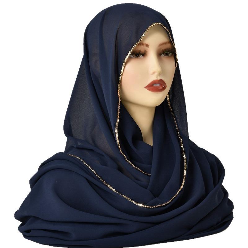 Hot-selling popular pearl chiffon chain scarf solid color chiffon light and breathable yarn head scarf