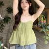 Frauen Leinen Süße Babydoll Rüschen Crop Ärmelloses Top Dünnen Riemen Vorne Schleife Flowy Camis Weibliche Koreanische Tank Top