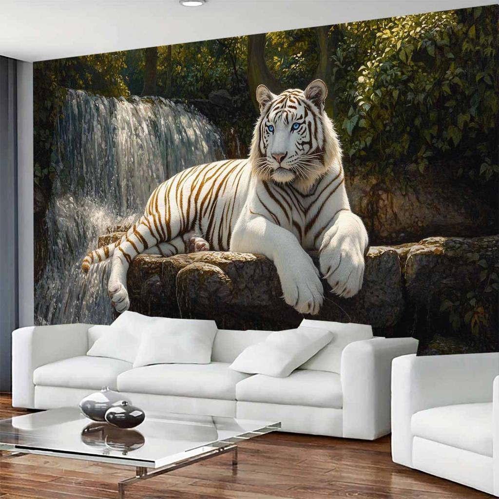 Majestätische Weiße Tiger Landschaft Wandteppich - Gestrickter Polyesterstoff, Gebürstete Oberfläche, Tierdruck, für Wohnzimmer, Schlafzimmer - 1 Stück