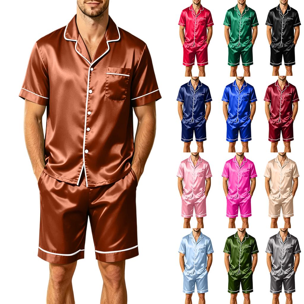 Men's Short Sleeve Pajama Set with Chest Pocket and Two Pocket Shorts for Casual Sleepwear