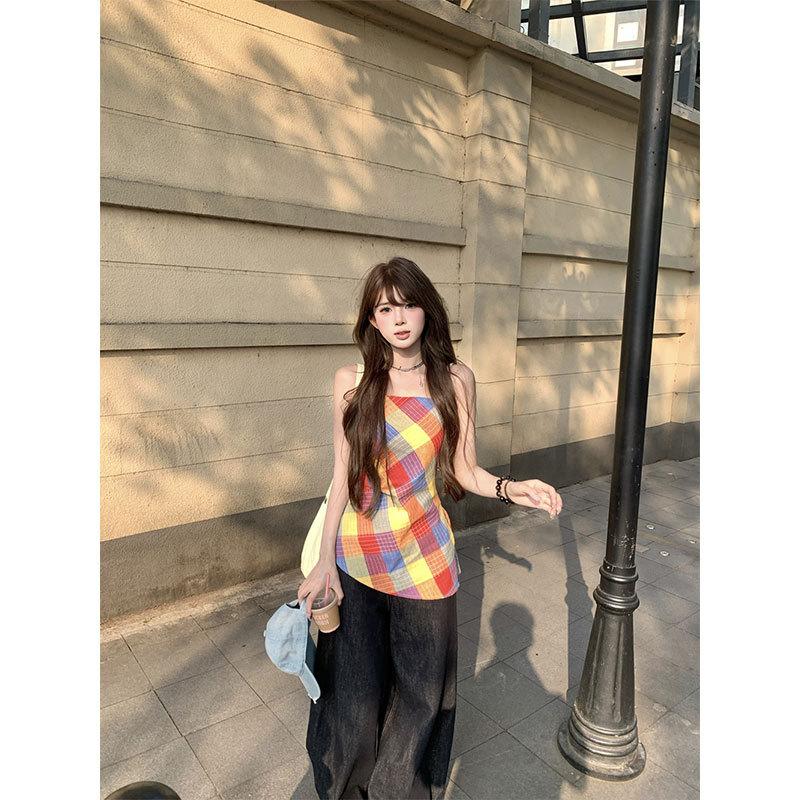 Sweet Spice Color Plaid Suspender Vest Women's Summer Irregular Waist Top