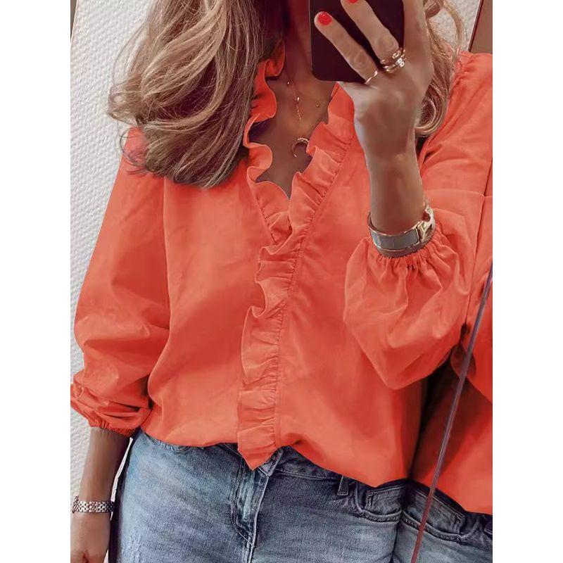 Long-Sleeved Ruffled Shirt for Women Long Sleeves Ruffles V-neck Shirt Shirt