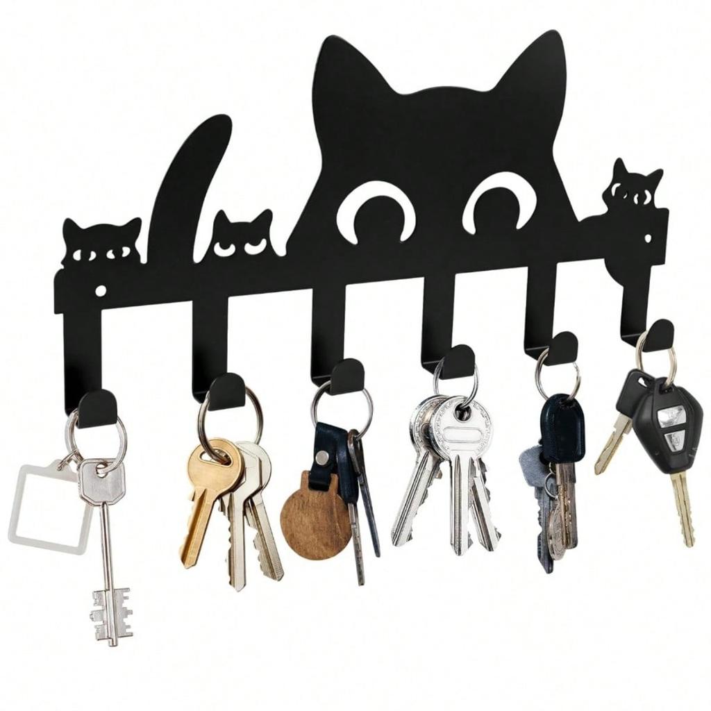 Wall Mount Cat Key Holder 6 Hooks Self Adhesive No Drilling Space Saving Entryway Decor