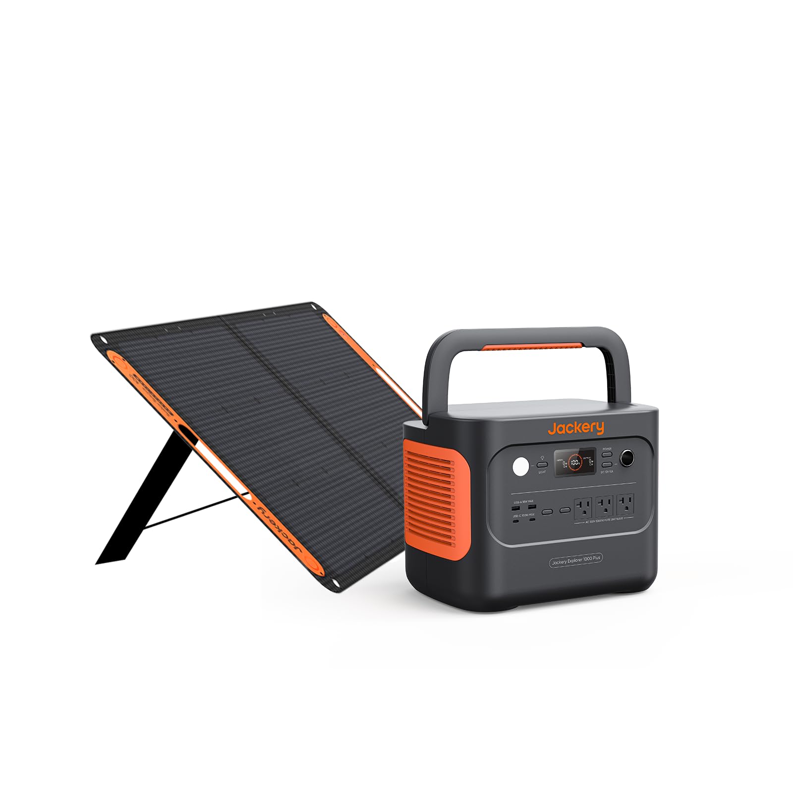 

Джекері Сонячний генератор 1000 Plus Портативний блок живлення 100 Вт Сонячна панель SolarSaga100 1 шт. Набір із 2 залізофосфатних 1264 Вт·год великої потужності змінного струму