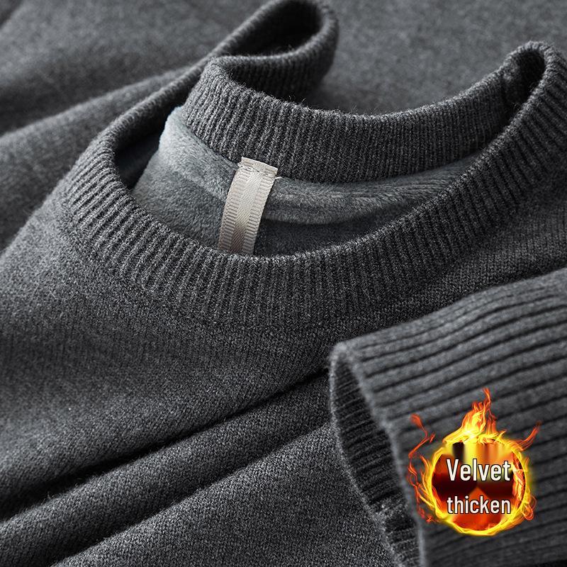 Men’s Winter One-Piece Velvet Sweater: Round-Neck, Thickened Base Layer, Warm Solid Color Knitwear
