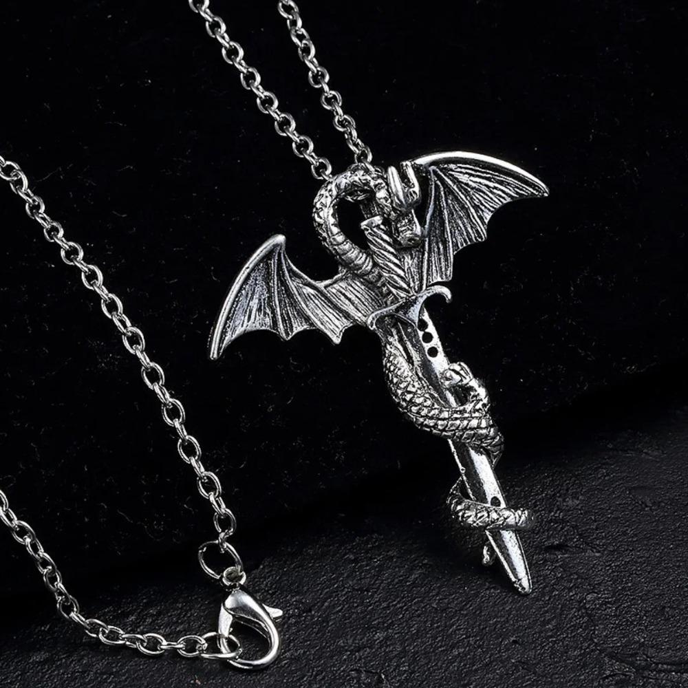 

Vintage Pterosaur Sword Necklace | Flying Dragon Winged Rolled Pendant Cross Punk Jewelry Unisex Accessory for Men Women 50cm серебряный