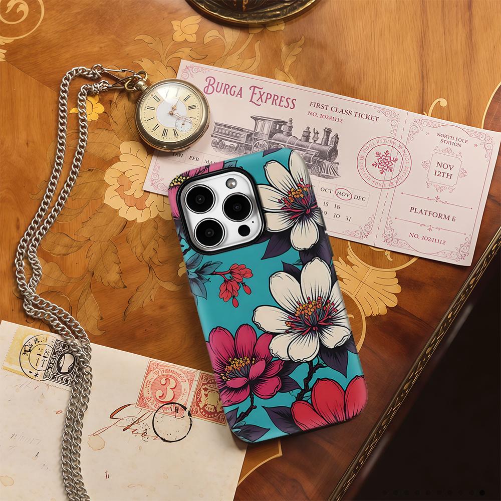 Turquoise Floral Art Print Phone Case for IPhone 17AIR 16E 16 15 14 13 12 11 17 Pro Max Plus Double-layer Back Cover