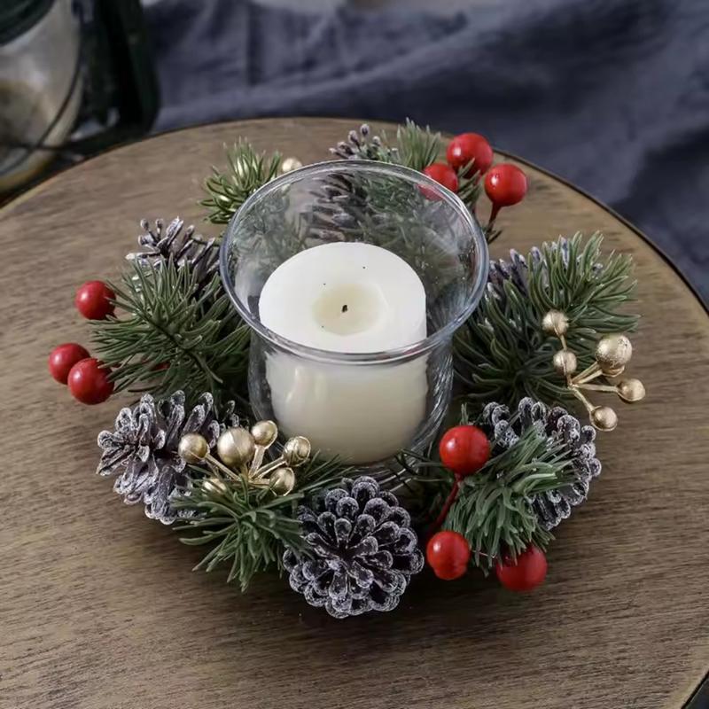 1/2pcs Christmas Candle Holders with Artificial Pine Branches & Berries New Year Home Table Decoration DIY Candle Wreath Gifts