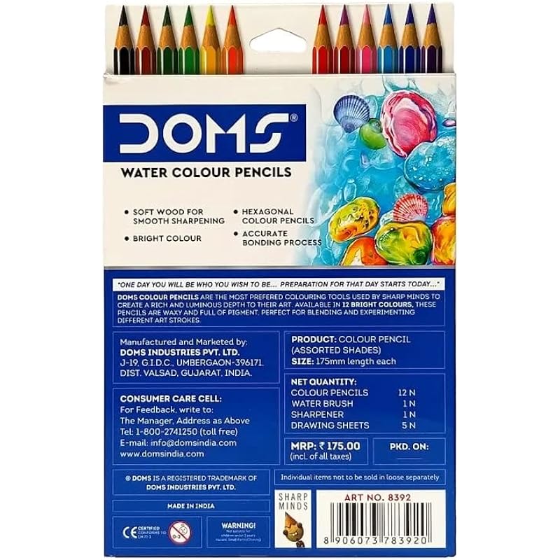 Doms Super Soft Hexagonal Pre-Sharpened Water Soluble Colour Pencils | Free Watercolor Paper, Sharpener & Water Brush |