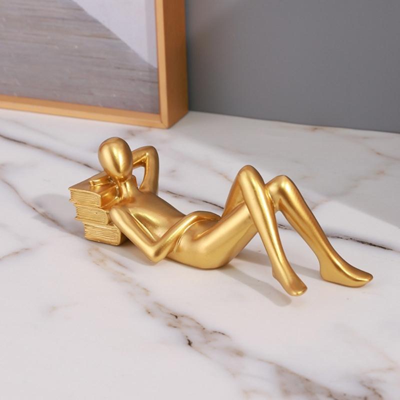 Small Gold Decoration Fun Paperweight, Reading Women Statue for Home Office Bookshelf Living Room Desk Decoration