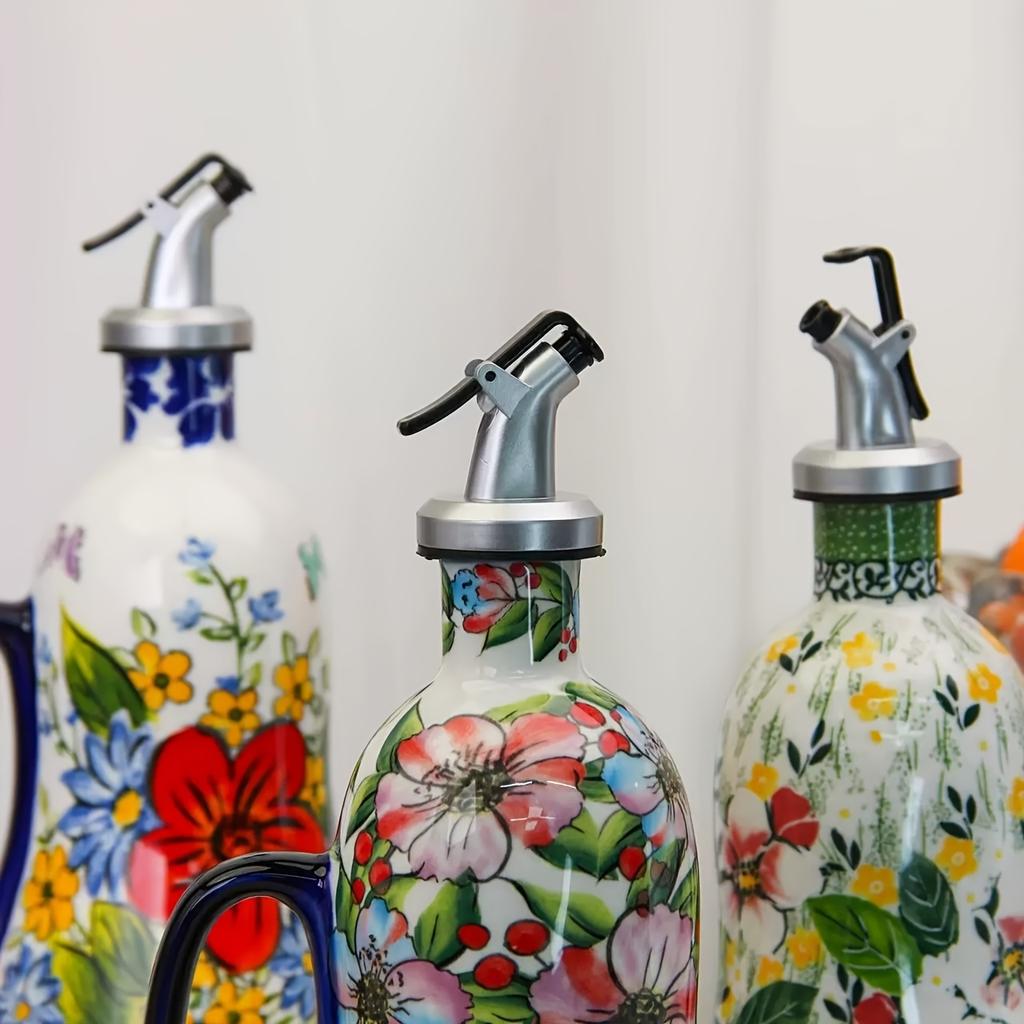 1pc Large Capacity Ceramic Oil Pot, Hand Painted Olive Oil Pump with Handle, Elegant Floral Design, Kitchen Accessories and Decoration for Home