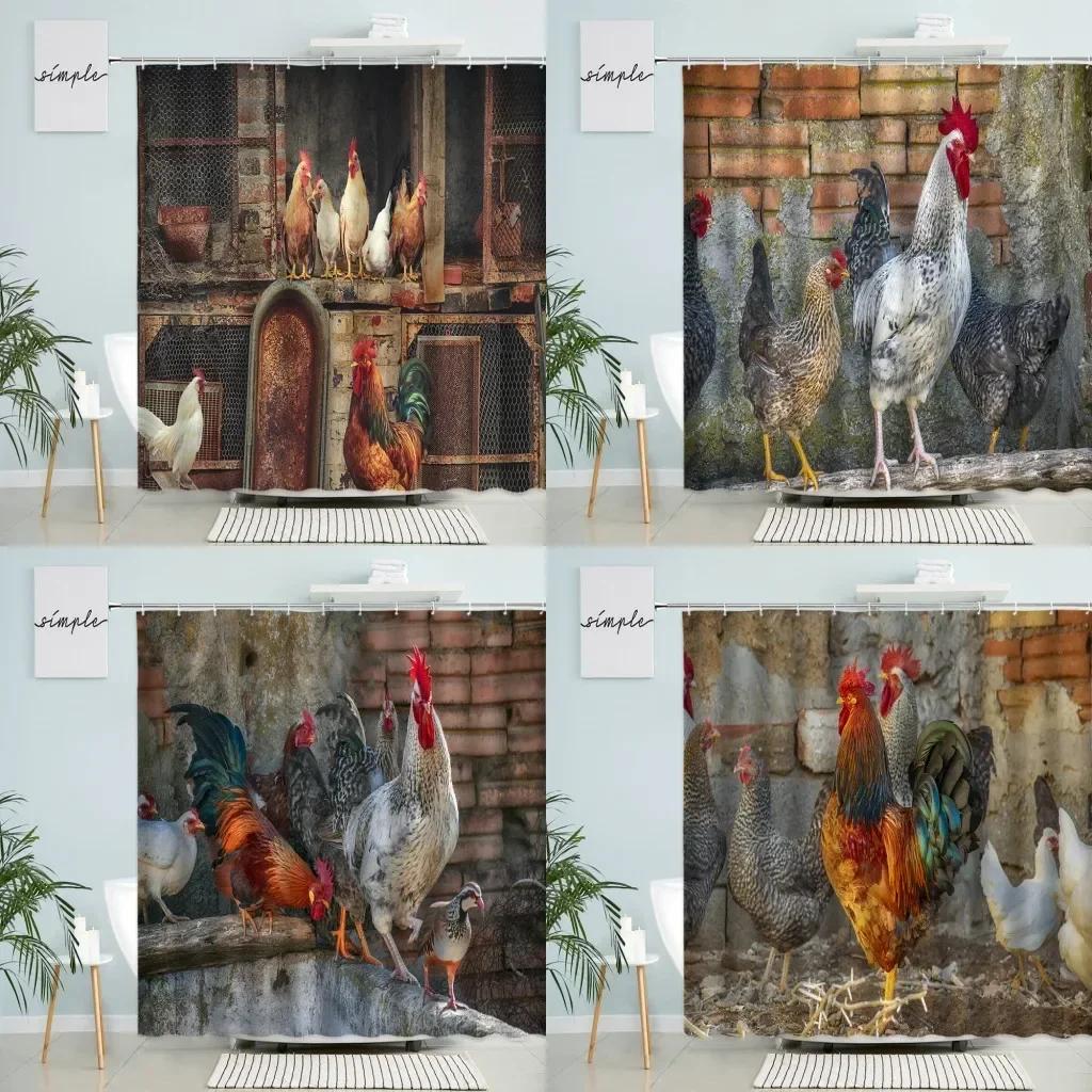 Chicken Shower Curtain Feather Poultry Animals Country Retro Old Farmhouse Barn Bathroom Wall Decor With Hooks Waterproof Screen
