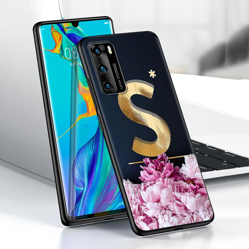 Golden Letter Flower Case for Huawei P30 P Smart Z P40 Lite E P20 Y6 Y7 Y9 2019 Honor 8X Play 9A 50 20 9X Pro Black Soft Cover