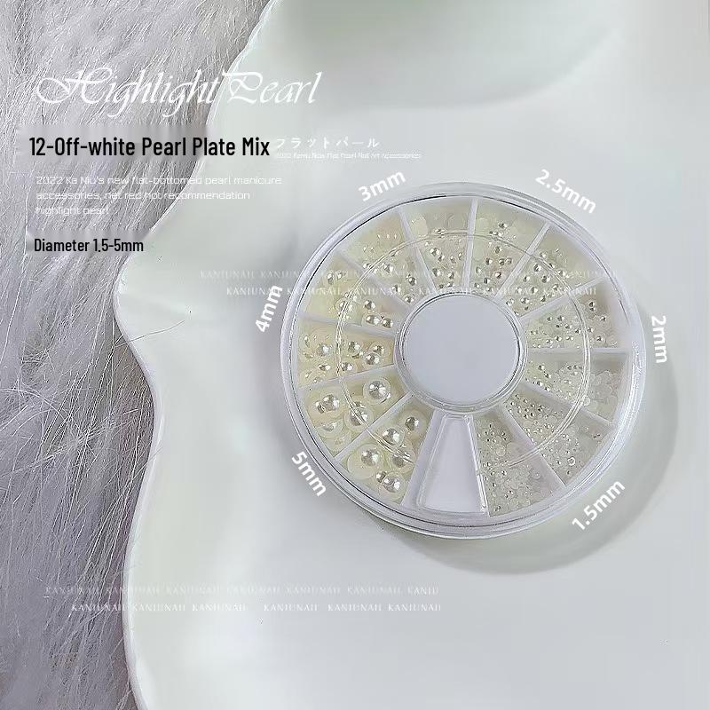 12-Grid High-Gloss Pearl Rice White Nail Art Decorations: 6-Piece Round and Half-Round Mixed Size Set