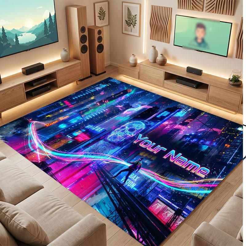 City Cyberpunk Theme Crystal Velvet Floor Rug Personalized Custom Name Text Warm Carpet Home Decoration
