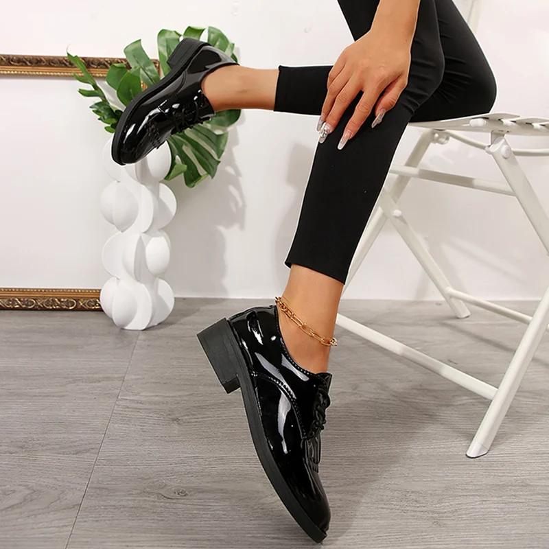 Lucyever Black Patent Leather Loafers Shoes for Women Plus Size Lace Up Office Flat Shoes Women Comfort Low Heels Pumps Ladies