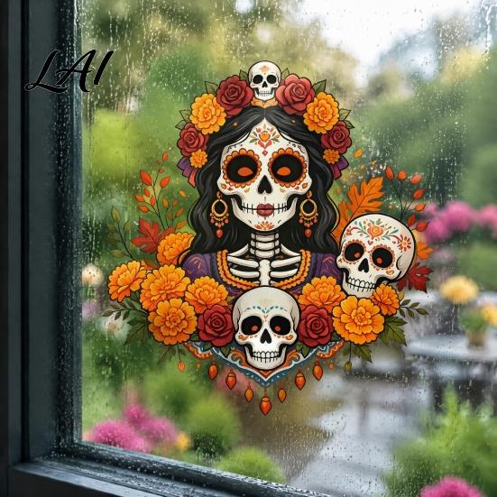 Unique Gift for Mexican Culture Fans Day of The Dead Window Clings Dia De Los Muertos Sticker Colorful Home Decor Sugar Skull with Flowers Halloween