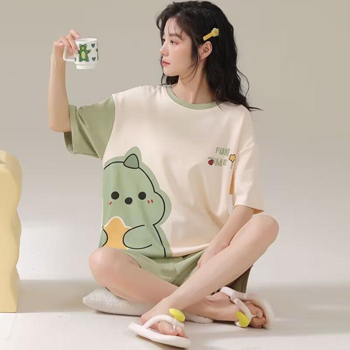 Women's Pajamas Set Summer Cute Cartoon Print Leisure Young Girls Sleepwear Short Sleeve Tops and Shorts Pijamas Women Homewear
