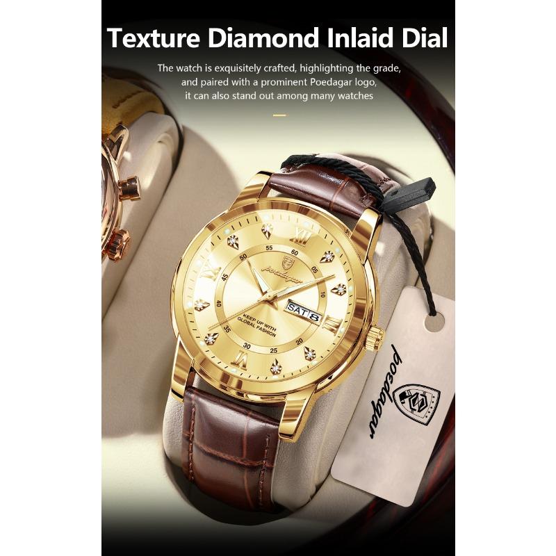POEDAGAR Luxury Business Male Clock Date Week Waterproof Luminous Gold Wristwatch Casual Fashion Quartz Watches Reloj